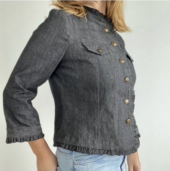 Sandro Dark Grey Ruffled Denim Button Up Jacket, size Medium petite,GUC - Picture 1 of 4